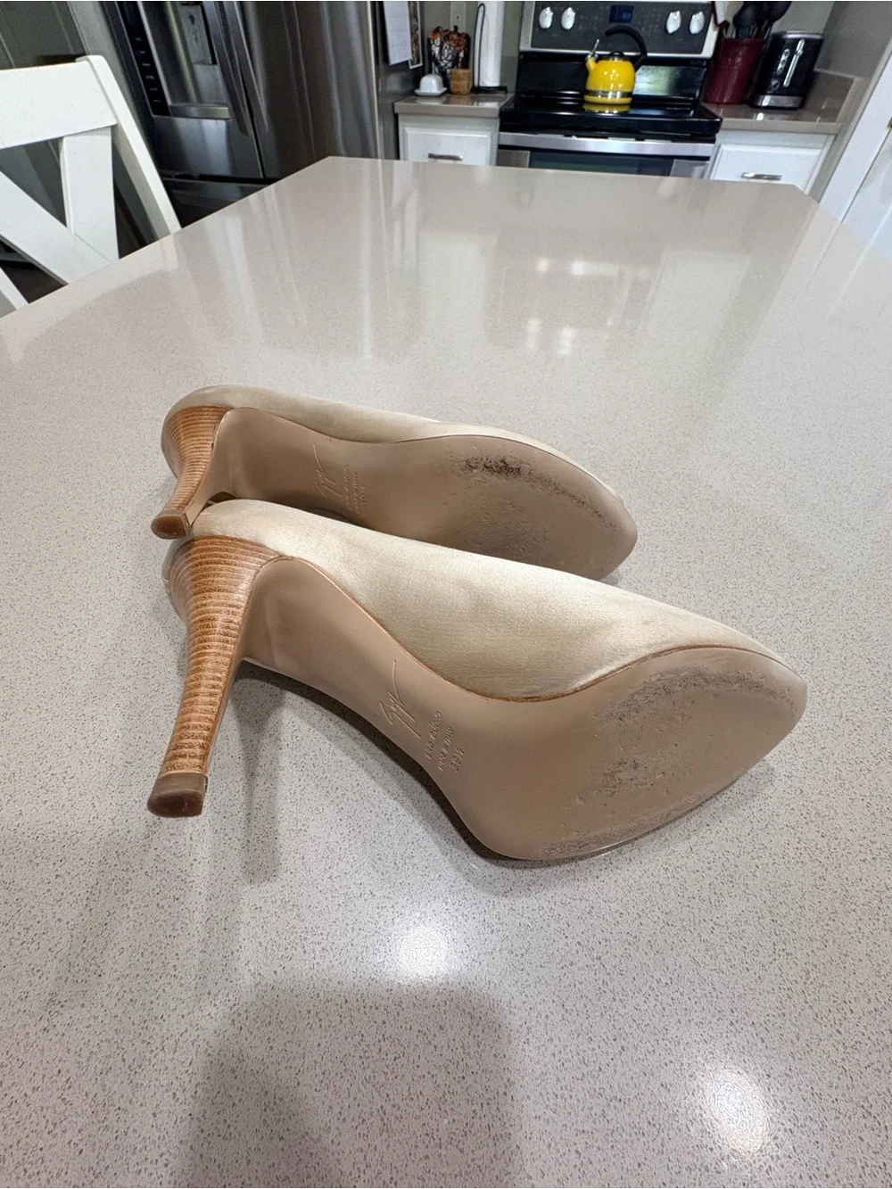 Giuseppe Zanotti beige satin peep toe pumps with Swarovski details